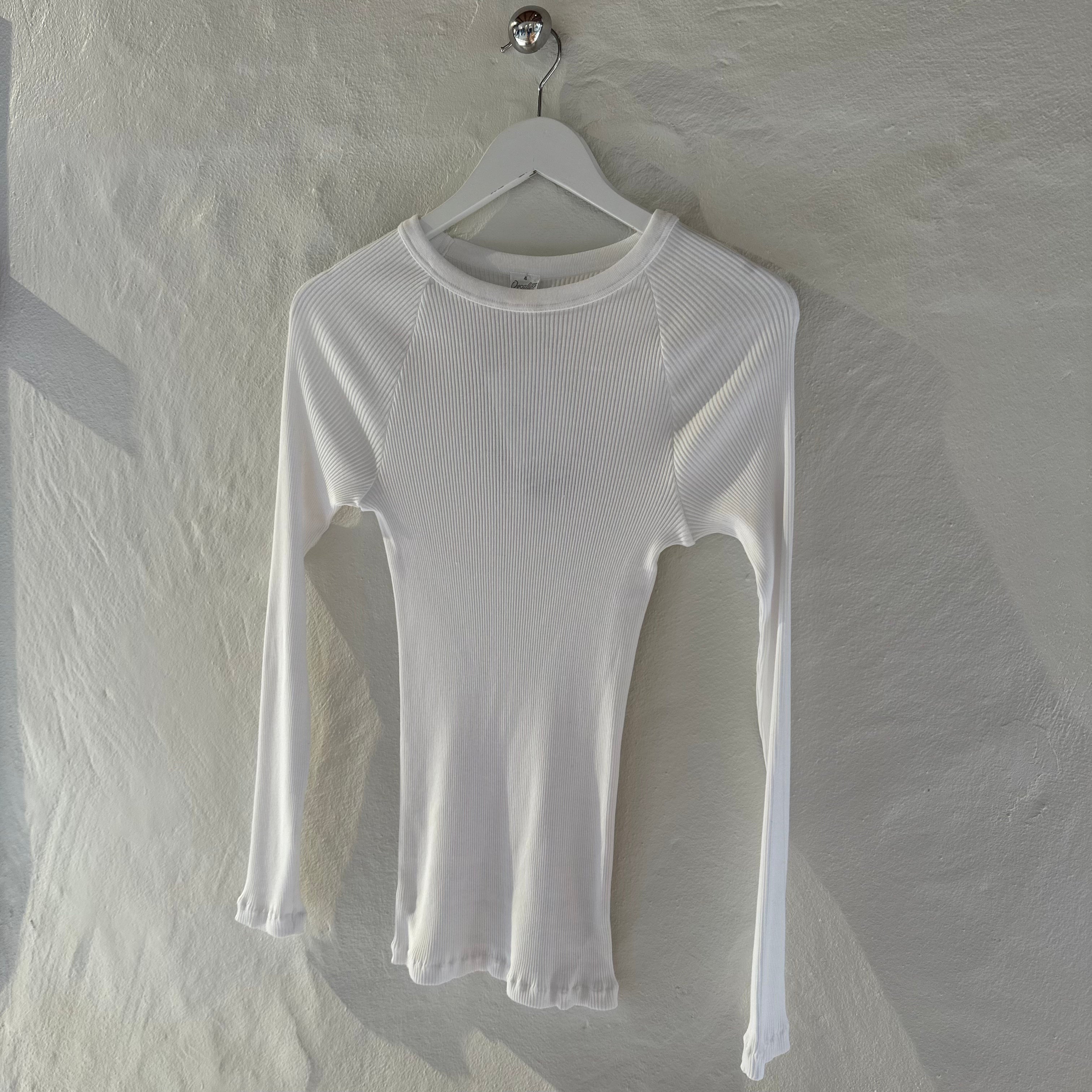Bomuld Langærmet Rib Bluse, Hvid 7161