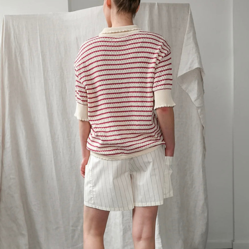 Lullu SS Polo Cardigan, Ecru/Berry