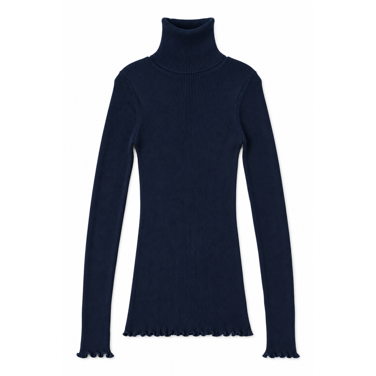 Uld & Silke Langærmet Rib Turtleneck Top, Navy 3438