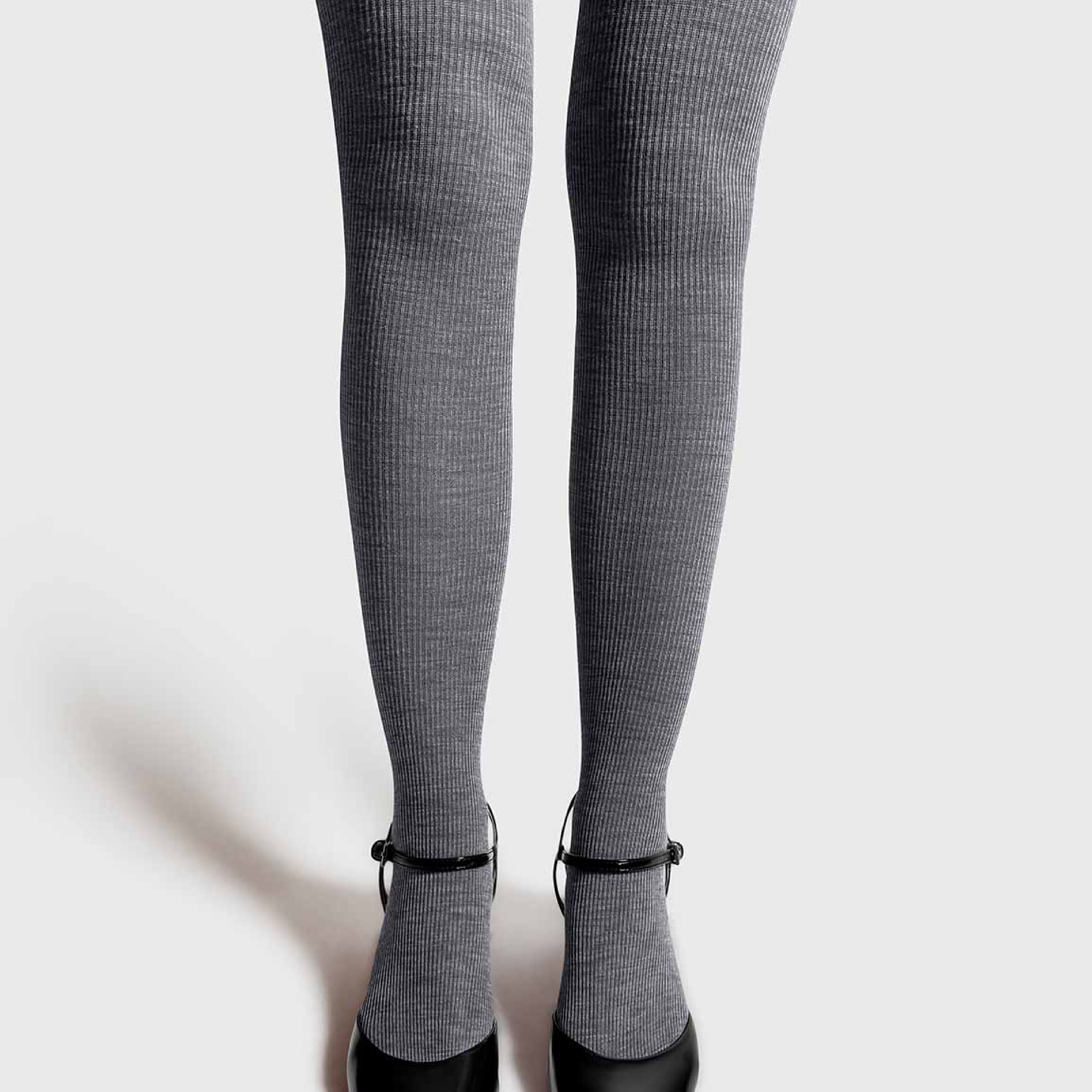 Merino Ribbed Tights, Light Grey