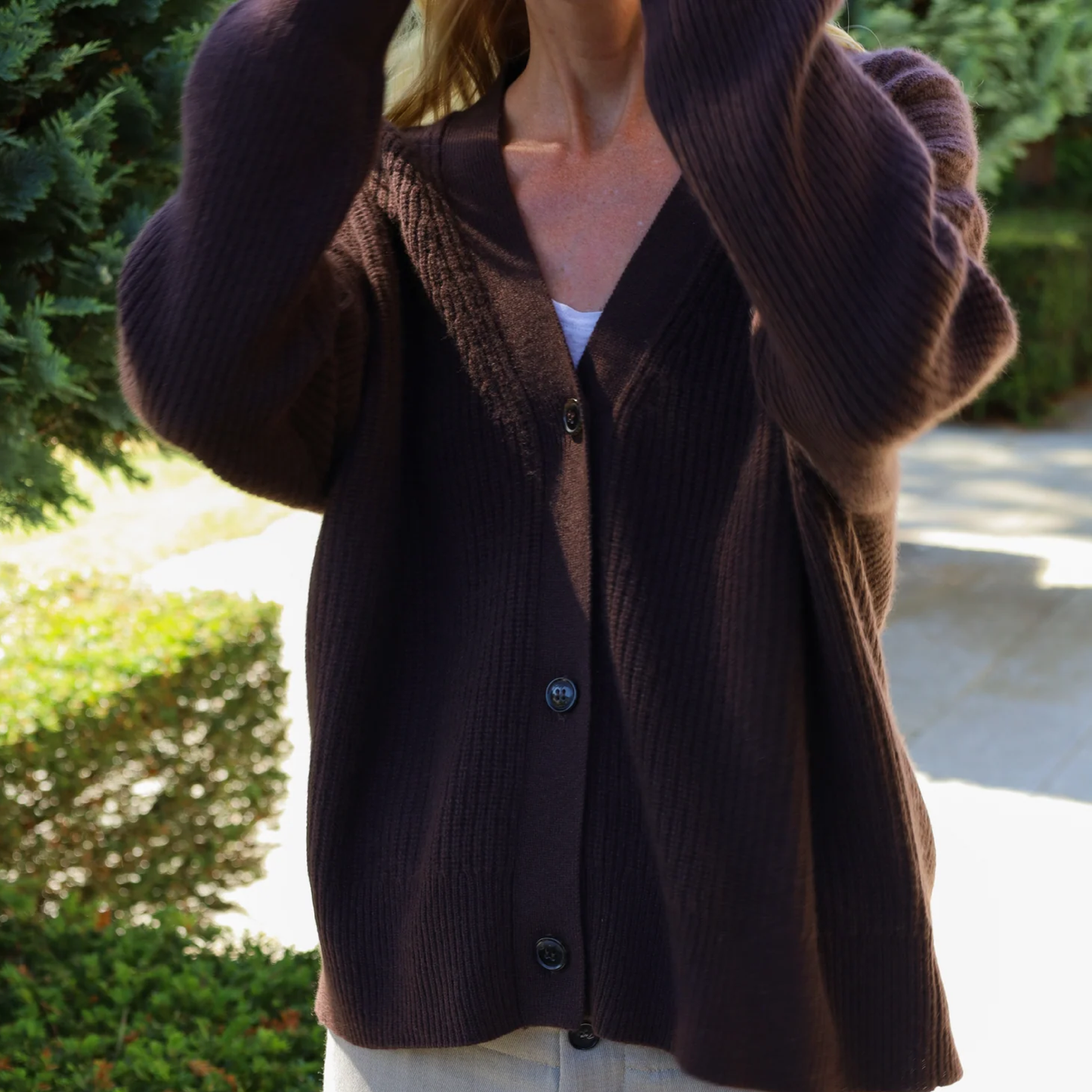 Premium Cashmere Ribbed Cardigan, Dark Brown