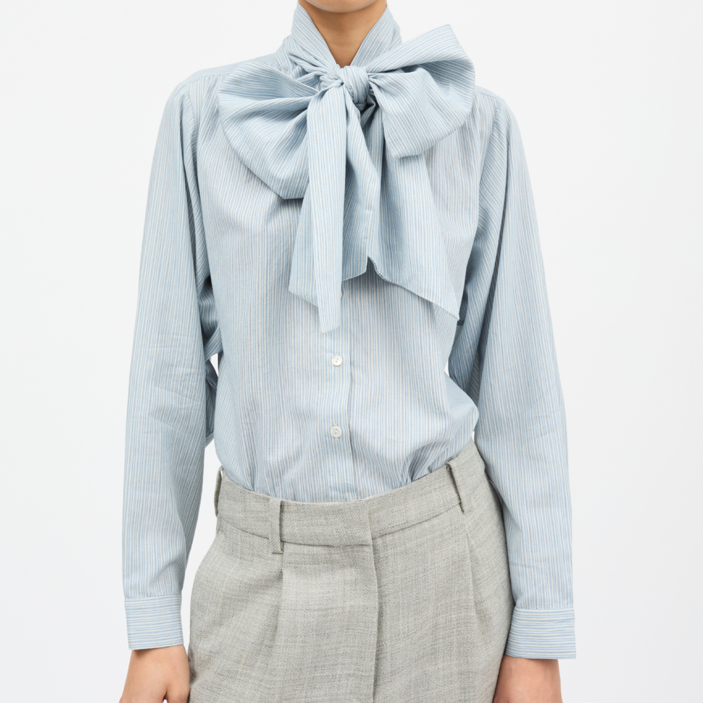 Dalia Bow Shirt, Tiny Blue Stripe