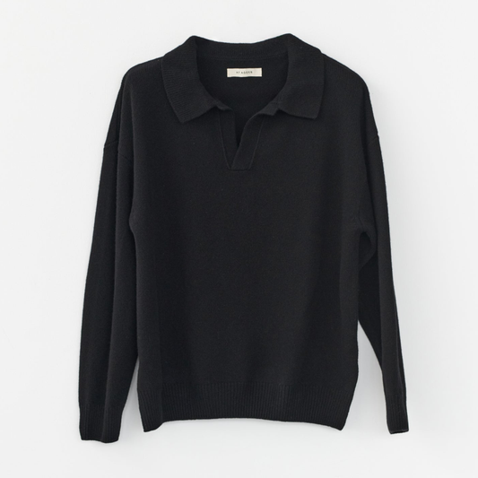 Wool Machine Knit Polo, Black