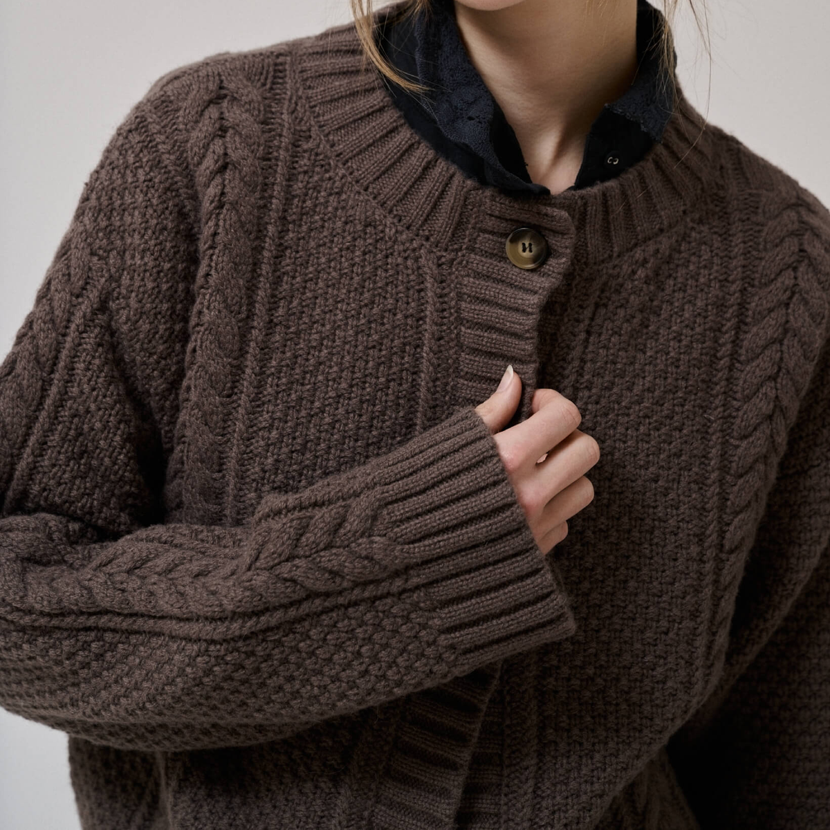 Heather ls Knit Cardigan, Dark Dun