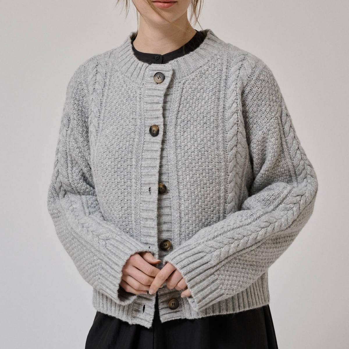 Heather ls Knit Cardigan, Light Grey Melange
