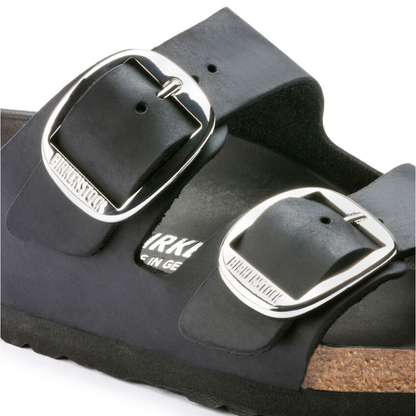 Arizona Big Buckle Oiled Leather Sandaler, Black