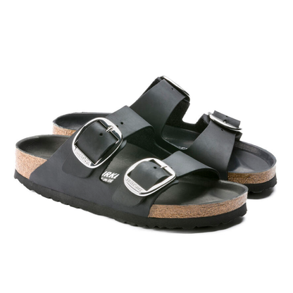 Arizona Big Buckle Oiled Leather Sandaler, Black