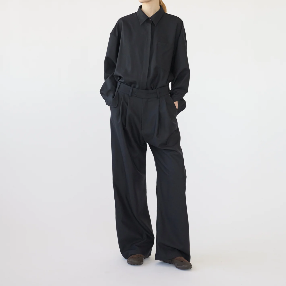 Fine Wool Wide Box Pants, Navy