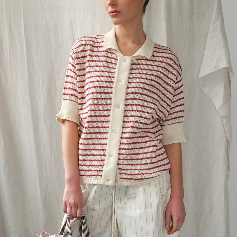 Lullu SS Polo Cardigan, Ecru/Berry