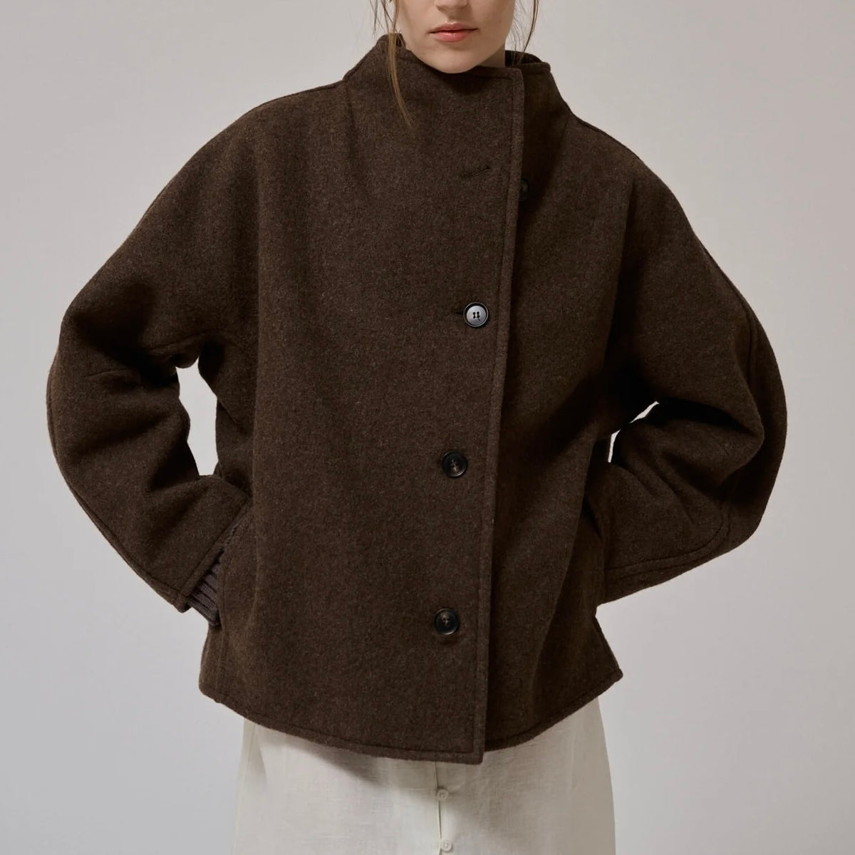 Thyme Short Wool Coat, Brown Melange