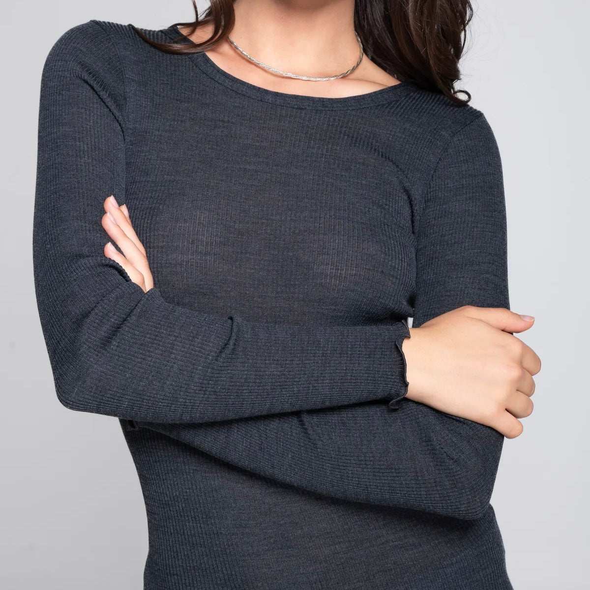 Uld & Silke Langærmet Rib Bluse, Mørkegrå 3446