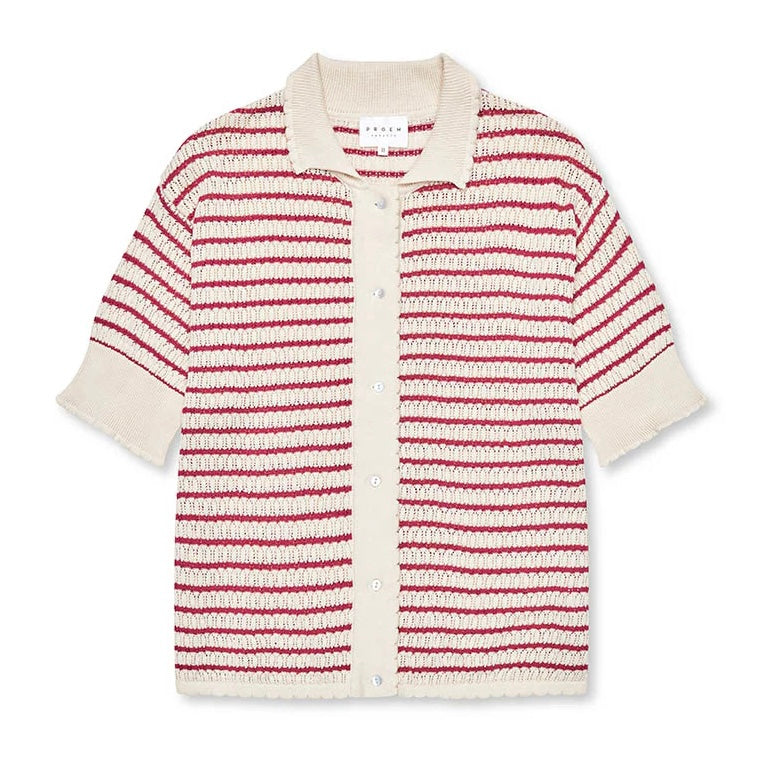Lullu SS Polo Cardigan, Ecru/Berry