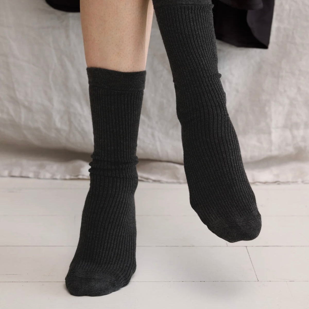 Silky Rib Socks, Charcoal Melange