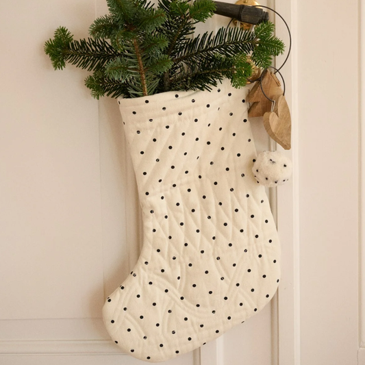 Dotted Christmas Stocking, Ecru/Black Dots