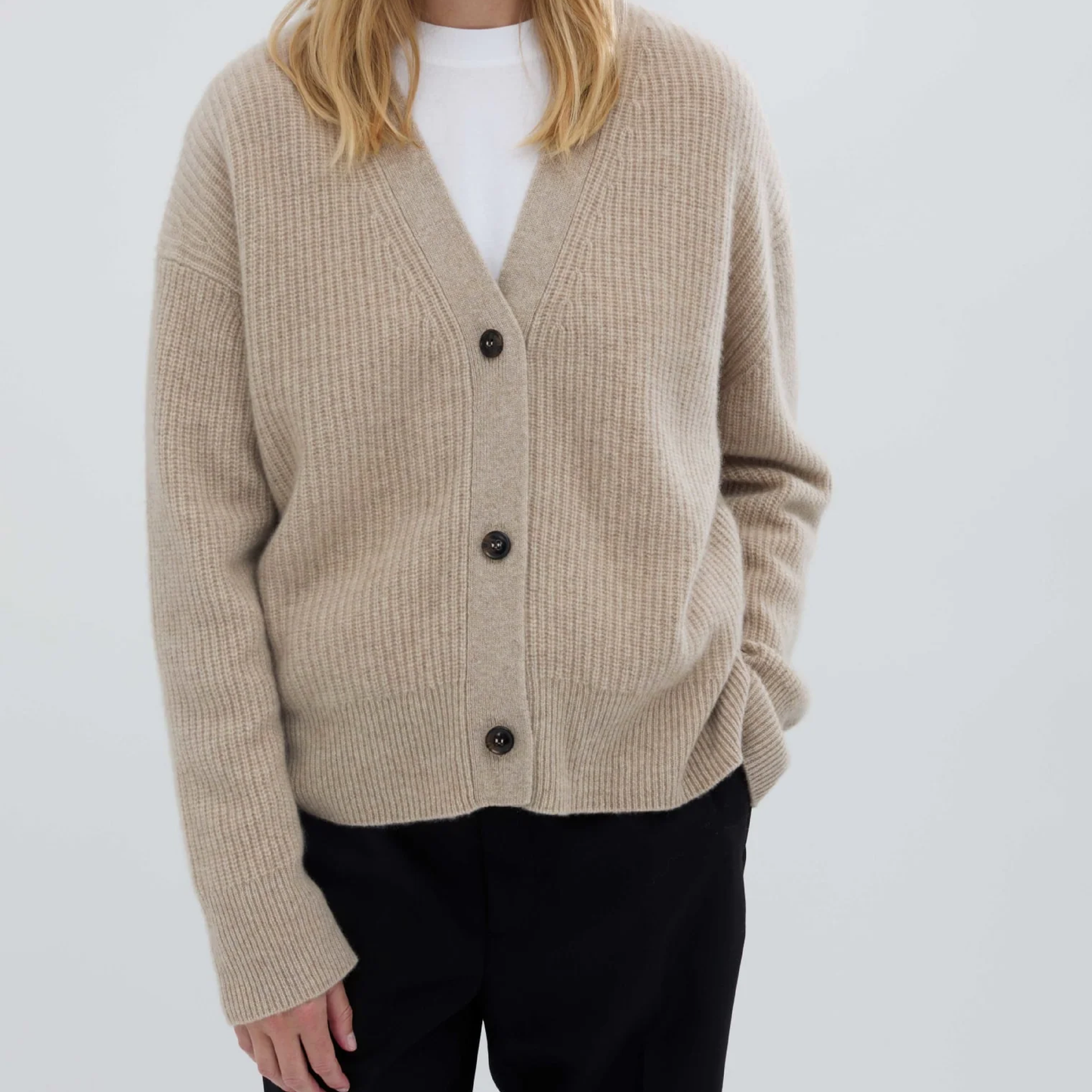 Premium Ribbed Cardigan, Sand