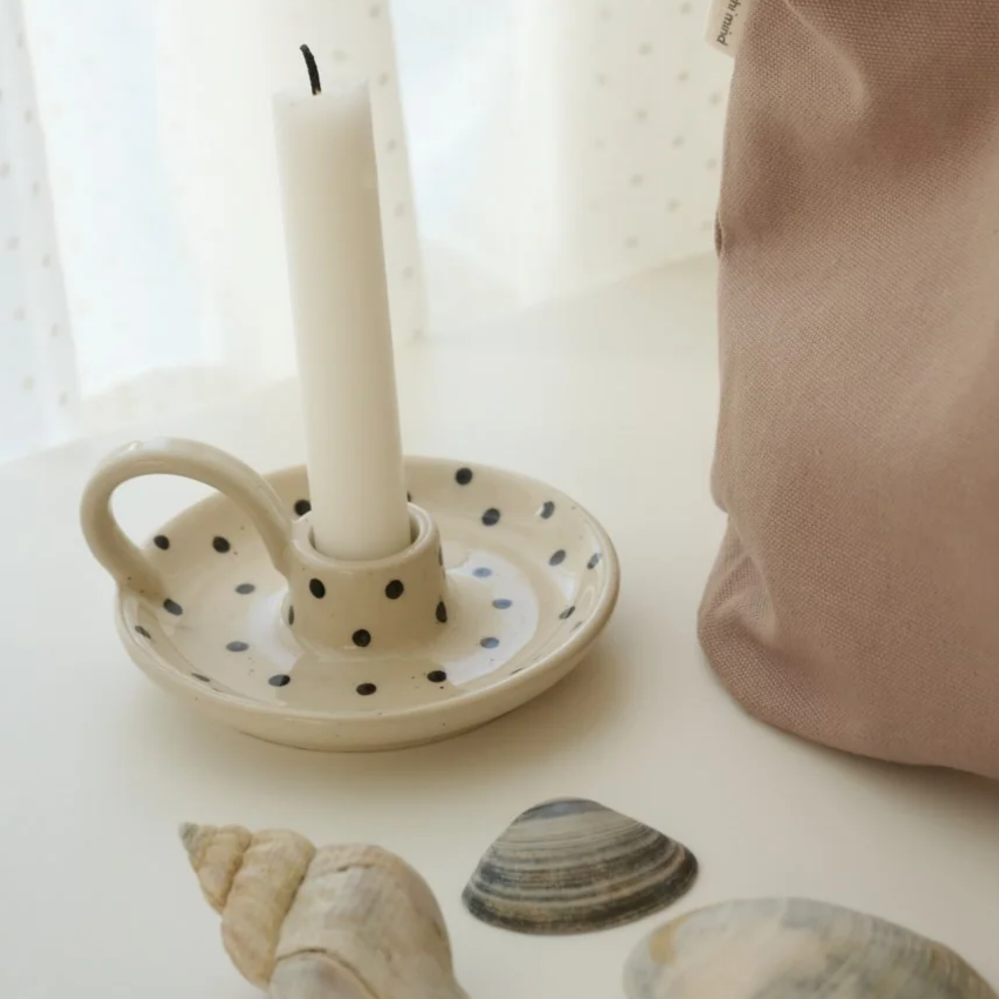 Signature Candle Holder, Ecru/Black Dots